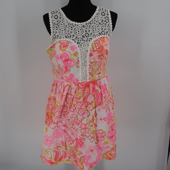 Lilly Pulitzer Dresses & Skirts - Lilly Pulitzer Women's Pink White Crochet Style Top Dress Size 10